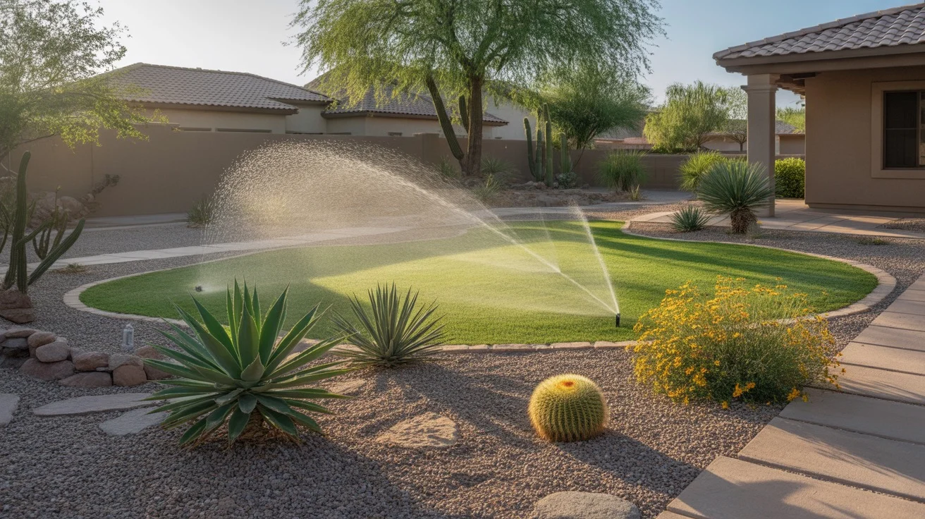 High-efficiency sprinklers water a lush Queen Creek yard at sunrise