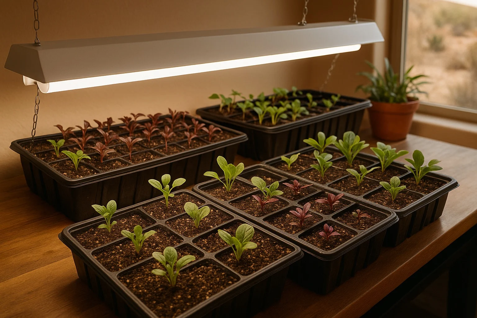 Seedling trays with emerging vegetable and flower starts under grow lights in a Queen Creek home setup