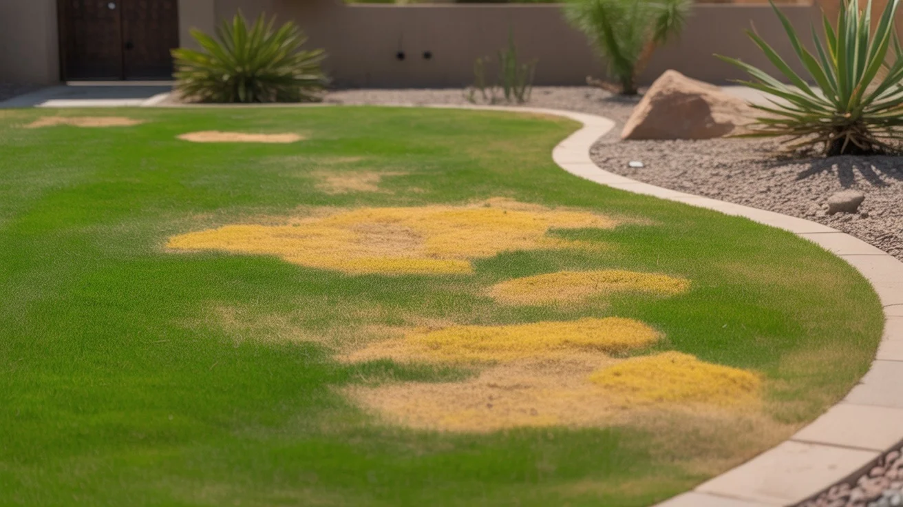 Yellow grass patches caused by iron deficiency in a Gilbert lawn