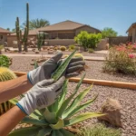 A person inspecting plants for pests in a Mesa yard in July