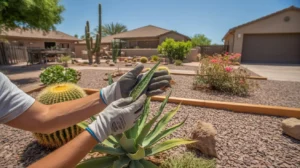 A person inspecting plants for pests in a Mesa yard in July