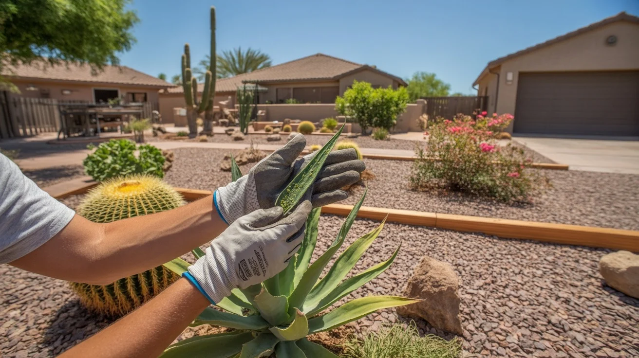 A person inspecting plants for pests in a Mesa yard in July