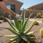 Close-up of a hand inspecting an aloe vera plant for pests in a Queen Creek yard in July