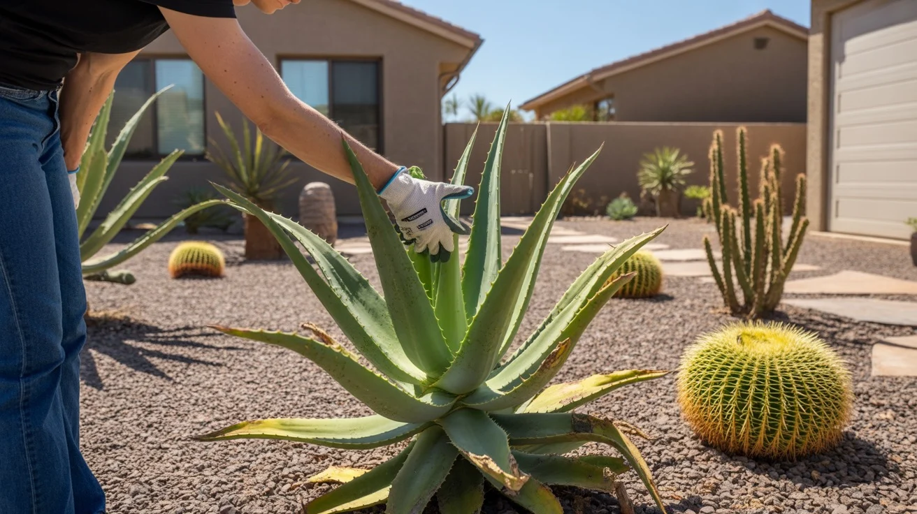 Close-up of a hand inspecting an aloe vera plant for pests in a Queen Creek yard in July