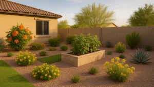 A flourishing garden in Gilbert, Arizona, in June