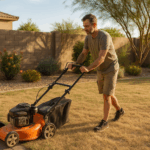 Homeowner in Gilbert maintaining lawn in June
