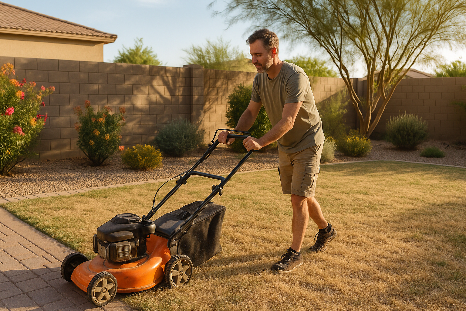 Homeowner in Gilbert maintaining lawn in June