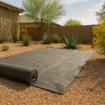 A roll of landscape fabric laid out in a Gilbert garden