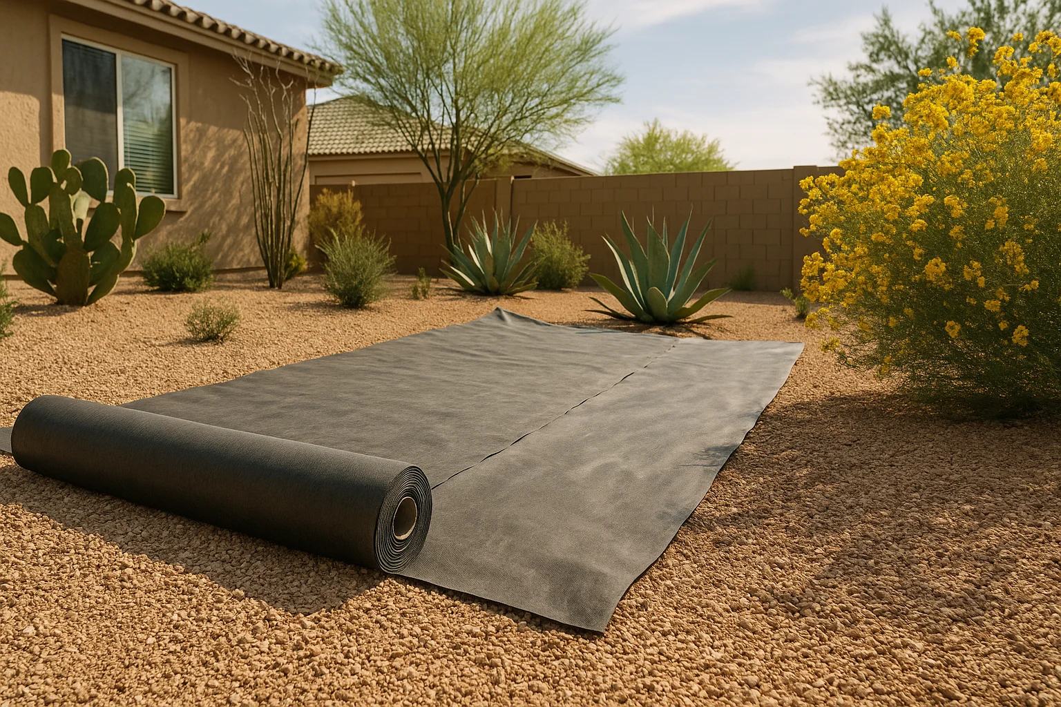A roll of landscape fabric laid out in a Gilbert garden
