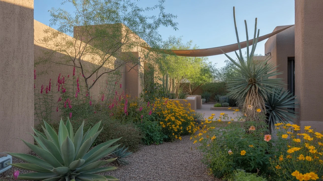 A colorful late spring desert garden in Gilbert with blooming penstemon and desert marigold