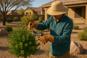 Gardener pruning a shrub in Gilbert during late spring