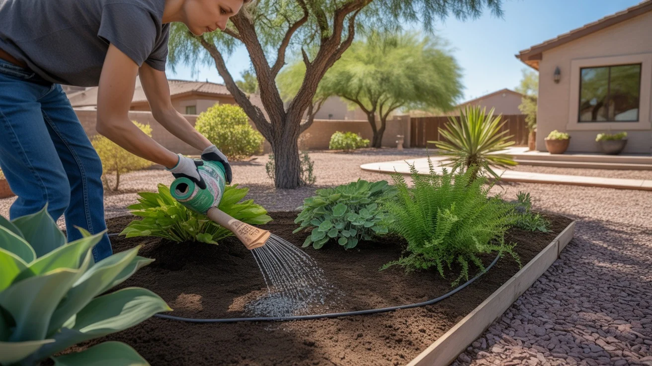 Late-summer fertilizing of shade-loving plants in a Queen Creek yard