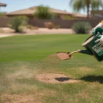 Hands in gloves applying fertilizer to a lawn in late summer