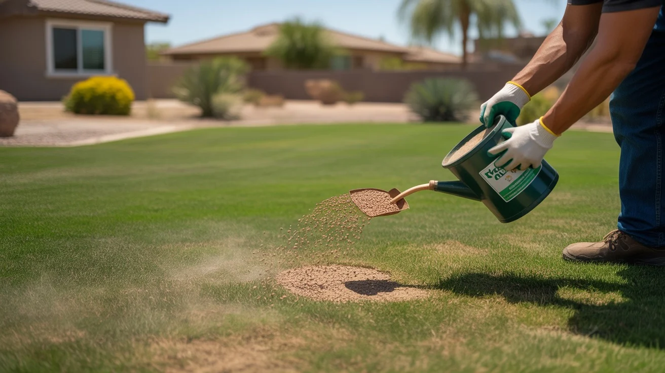 Hands in gloves applying fertilizer to a lawn in late summer
