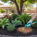 Hands applying fertilizer to a lush shade garden in Mesa in late summer