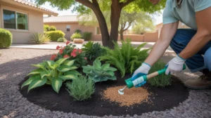 Hands applying fertilizer to a lush shade garden in Mesa in late summer
