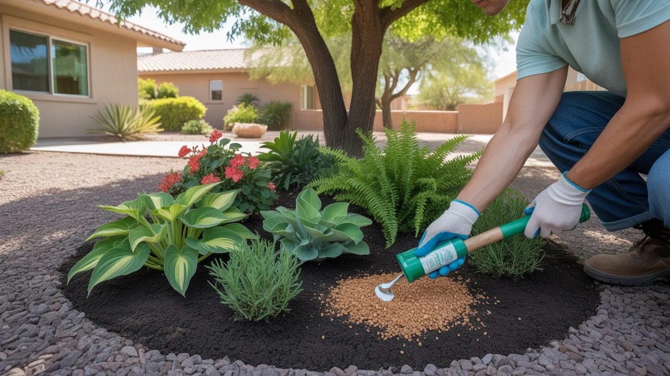 Hands applying fertilizer to a lush shade garden in Mesa in late summer