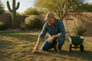 Gilbert homeowner restoring a patchy lawn in May