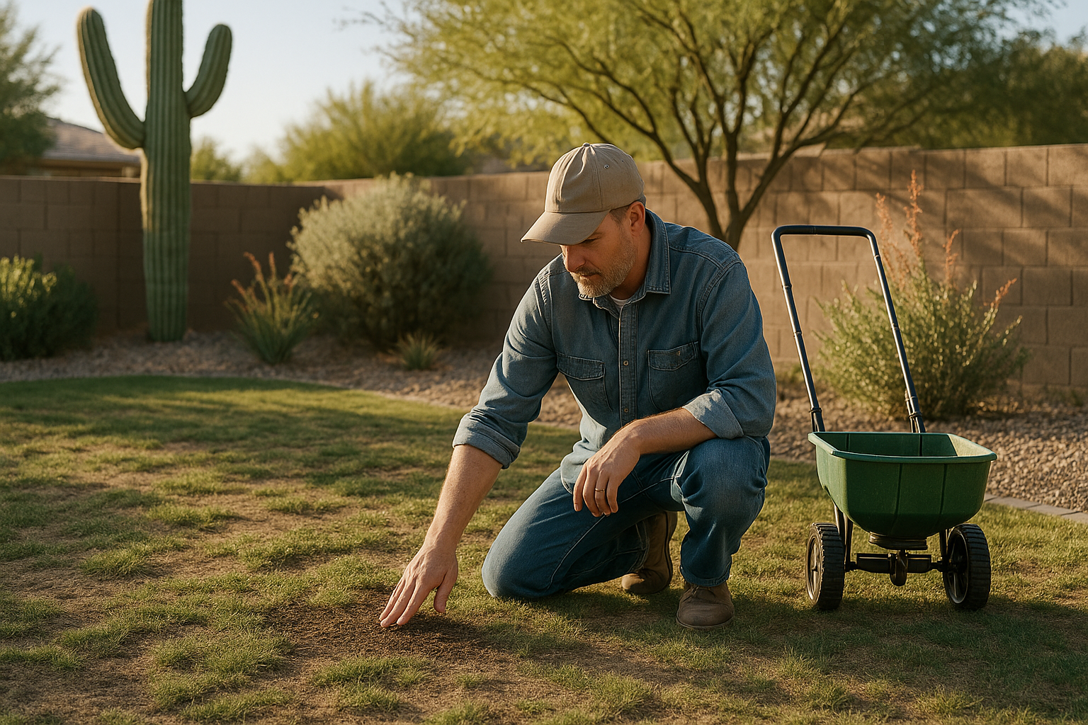 Gilbert homeowner restoring a patchy lawn in May