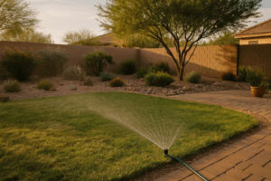 A lawn being watered in Gilbert, AZ, with text overlay debunking common watering myths.