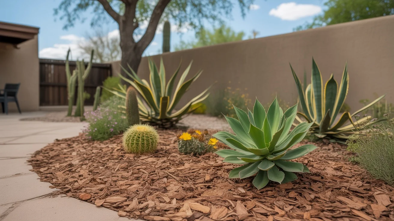 Leaf mulch applied around plants in a Queen Creek spring garden bed
