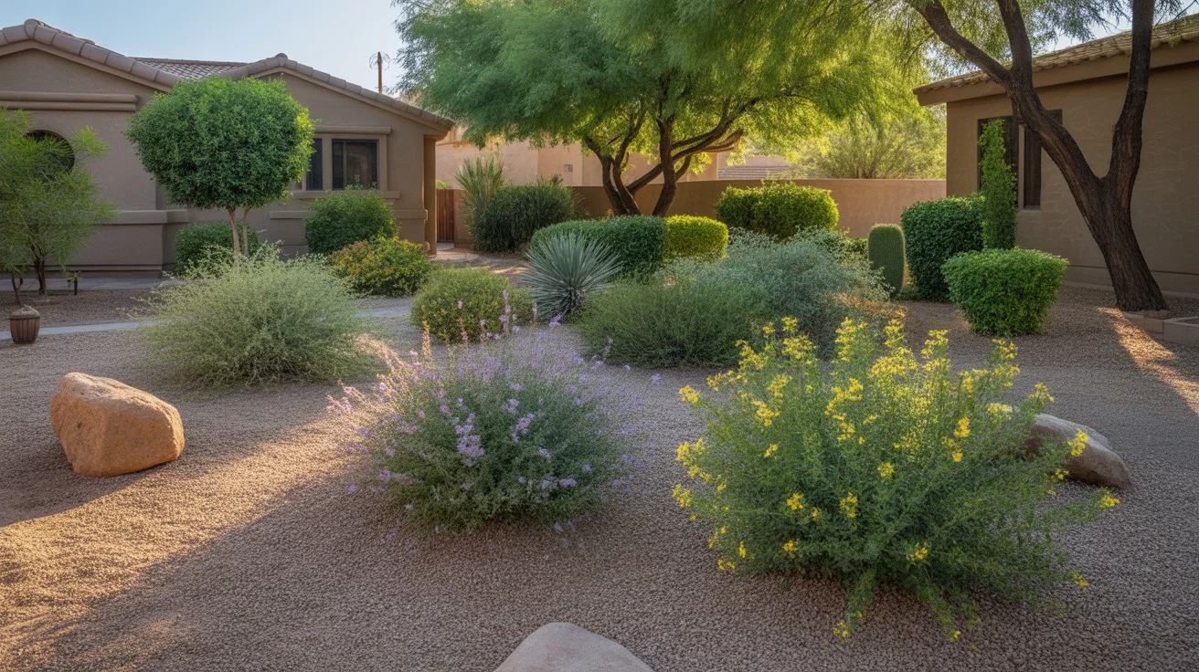 Low-maintenance summer shrubs like Texas sage and yellow bells thrive in a Chandler yard with minimal care