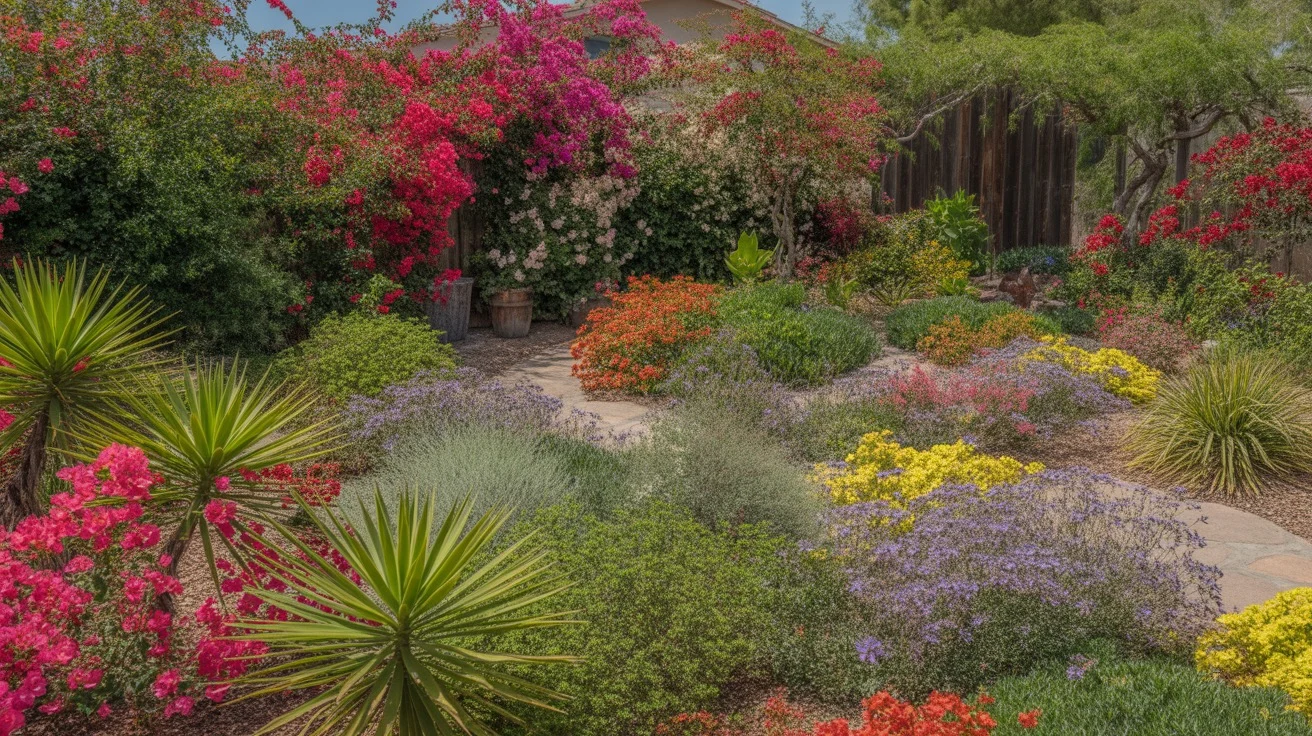 A colorful spring garden in Mesa with low-pollen plants like bougainvillea, penstemon, and ornamental grasses