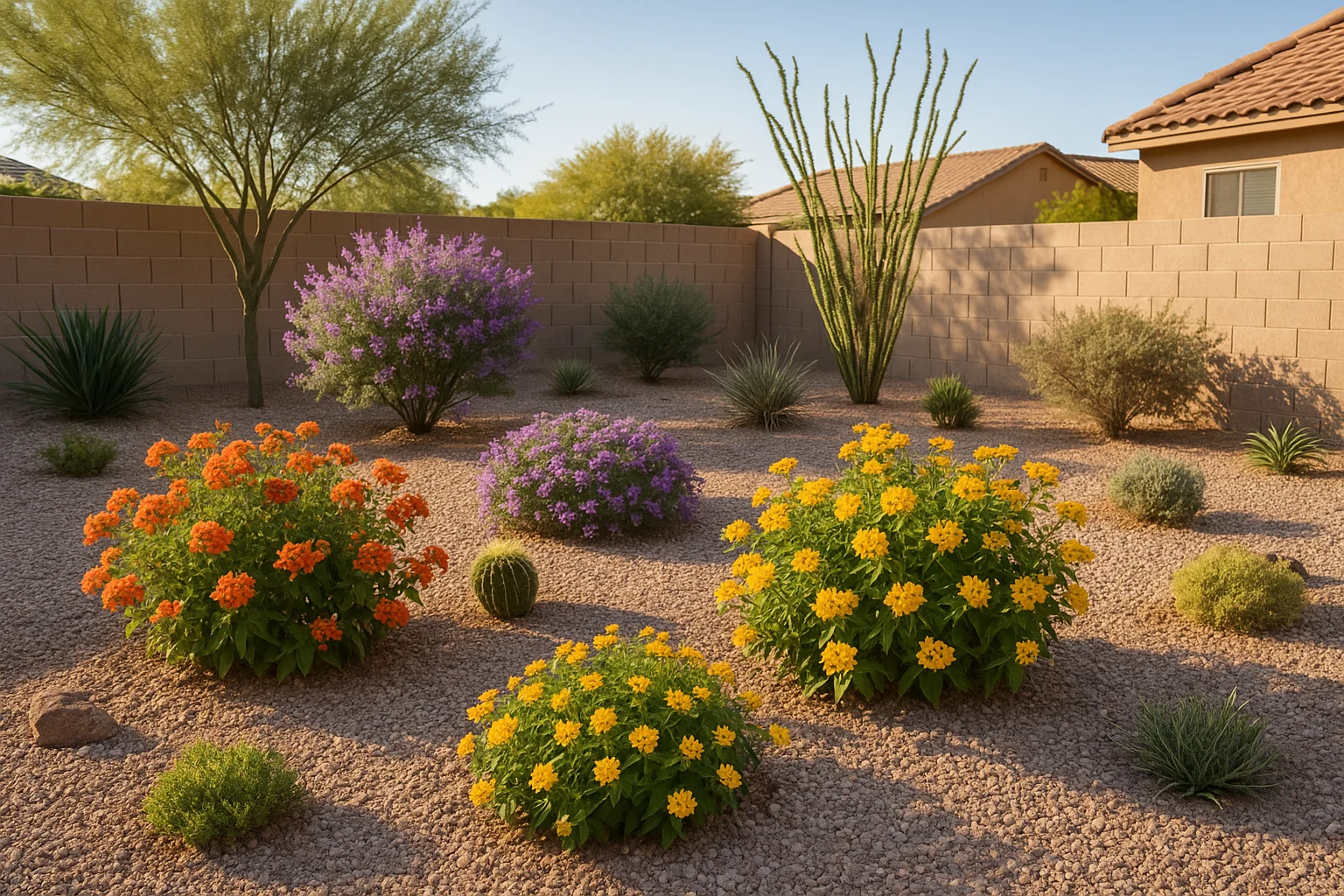 A variety of low-water bloomers thriving in a Gilbert yard