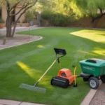 A lush green lawn in a Mesa backyard in early spring, with gardening tools and supplies in the foreground.