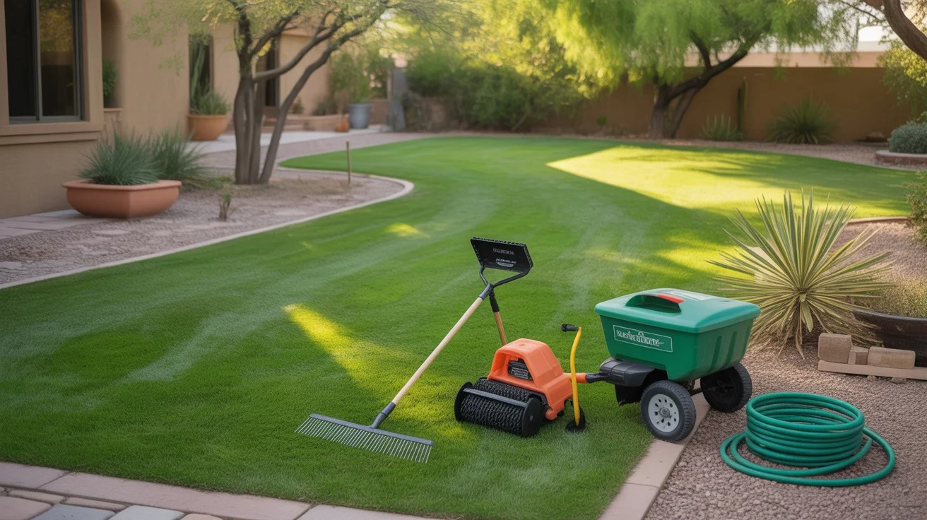 A lush green lawn in a Mesa backyard in early spring, with gardening tools and supplies in the foreground.