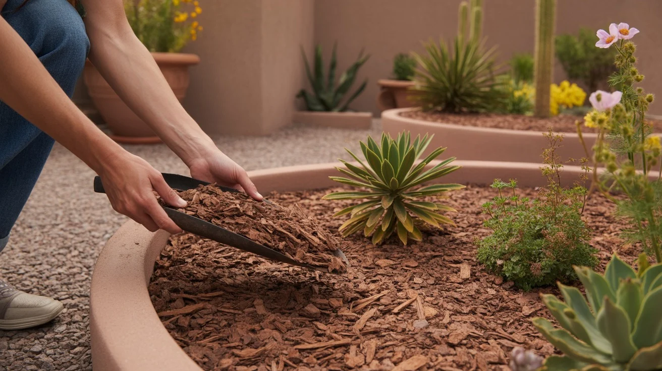 Hands spreading bark mulch around plants in a Mesa desert garden bed