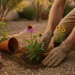 Gardener planting flowers to attract pollinators