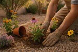 Gardener planting flowers to attract pollinators