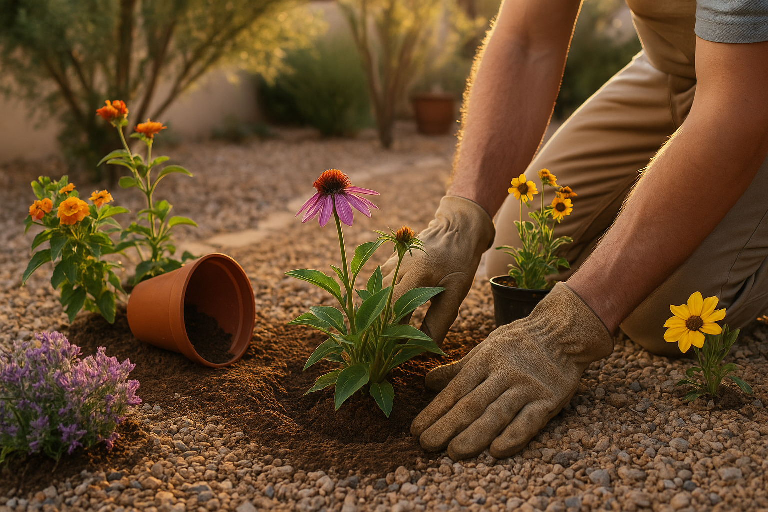 Gardener planting flowers to attract pollinators