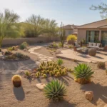 Xeriscaped yard in Mesa, AZ with drought-tolerant plants and hardscaping
