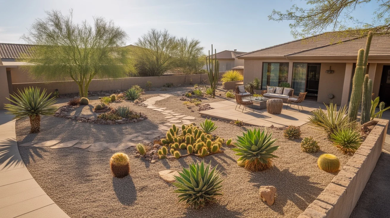 Xeriscaped yard in Mesa, AZ with drought-tolerant plants and hardscaping