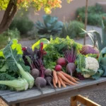 A bountiful fall vegetable harvest from a Mesa garden, including leafy greens, root vegetables, and brassicas.