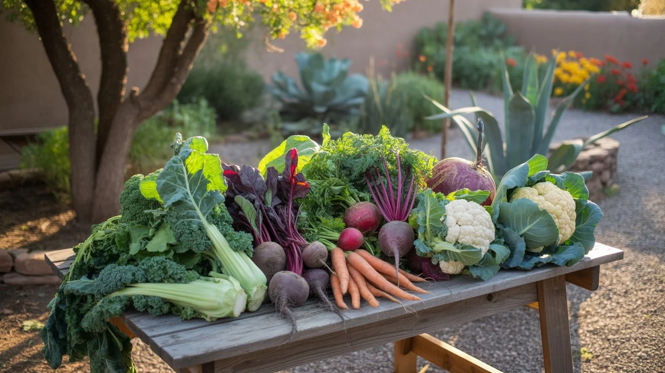 A bountiful fall vegetable harvest from a Mesa garden, including leafy greens, root vegetables, and brassicas.