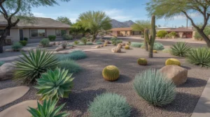 A Mesa yard landscaped with fire-resistant plants in cool, silvery tones