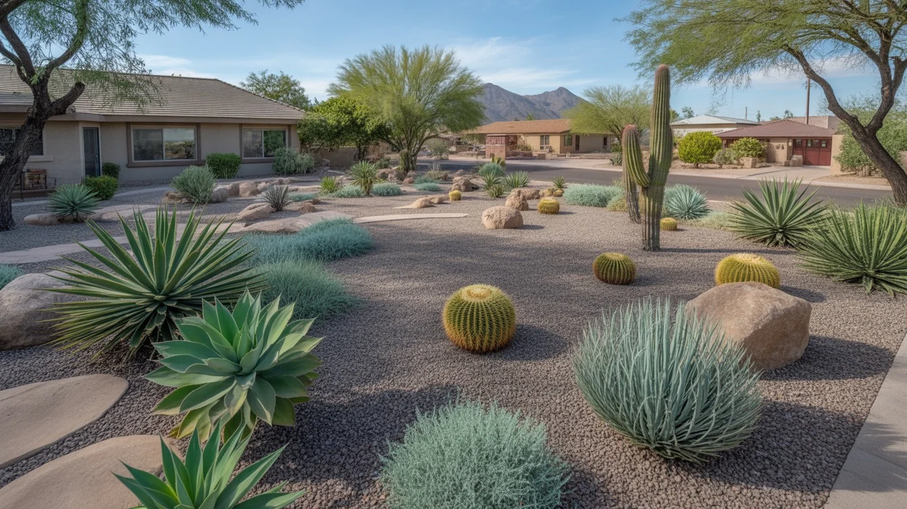 A Mesa yard landscaped with fire-resistant plants in cool, silvery tones