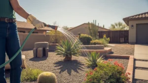 Watering plants in a Mesa yard during a heatwave in the early morning