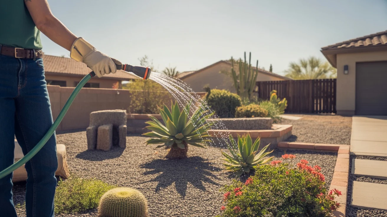 Watering plants in a Mesa yard during a heatwave in the early morning