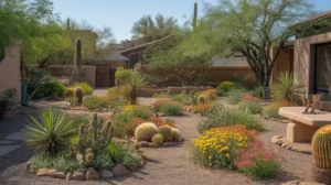 Colorful desert garden in Mesa, Arizona with blooming plants and cactus