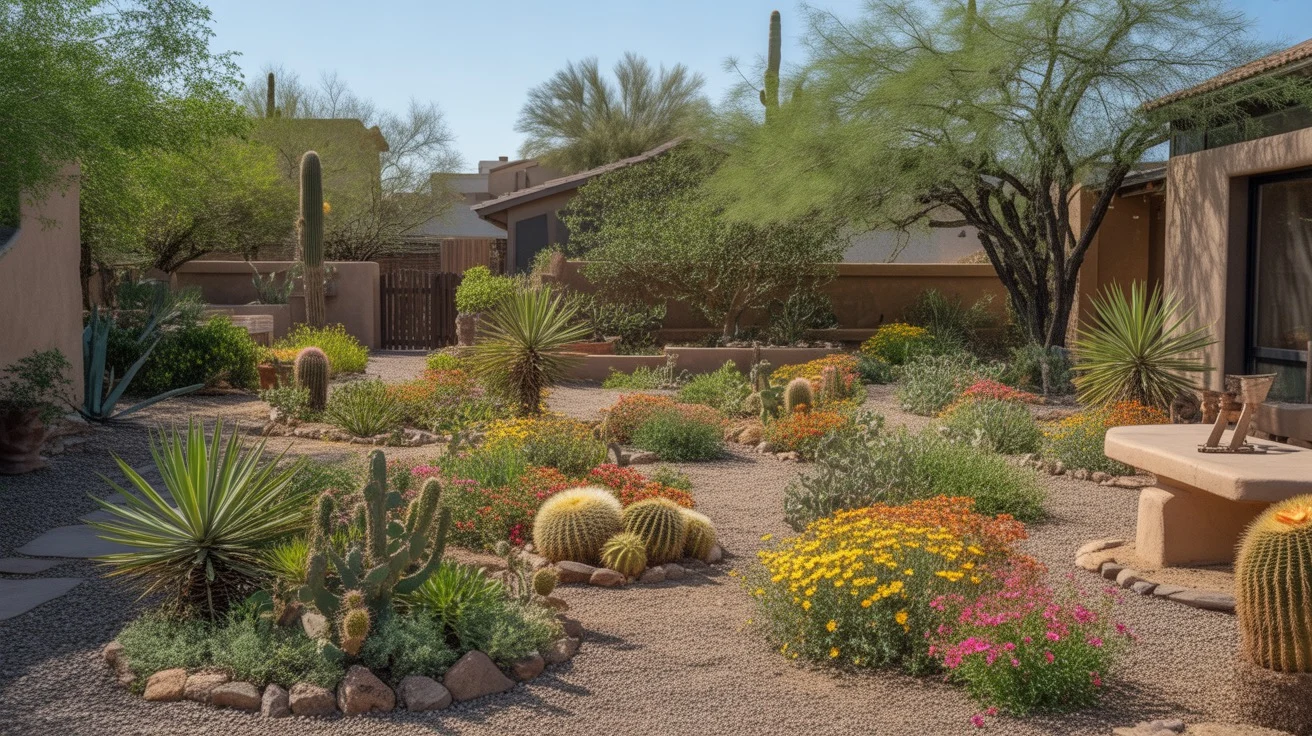 Colorful desert garden in Mesa, Arizona with blooming plants and cactus
