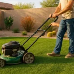 Homeowner performing soft pruning on Bermuda grass lawn in Mesa with proper mower height setting