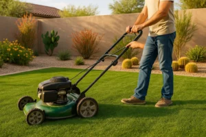 Homeowner performing soft pruning on Bermuda grass lawn in Mesa with proper mower height setting