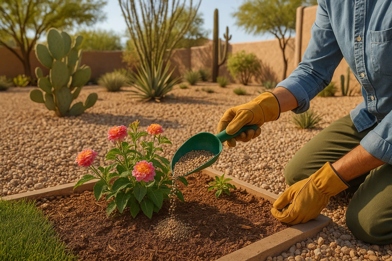 Person applying organic fertilizer to a flowering plant in a Mesa garden with desert landscape in background