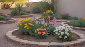 Colorful desert-friendly spring flowers blooming in a Mesa backyard garden