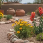 A vibrant spring garden in Mesa with colorful blooms and desert plants