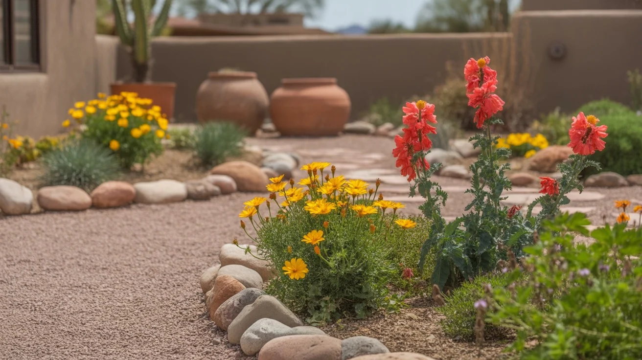 A vibrant spring garden in Mesa with colorful blooms and desert plants